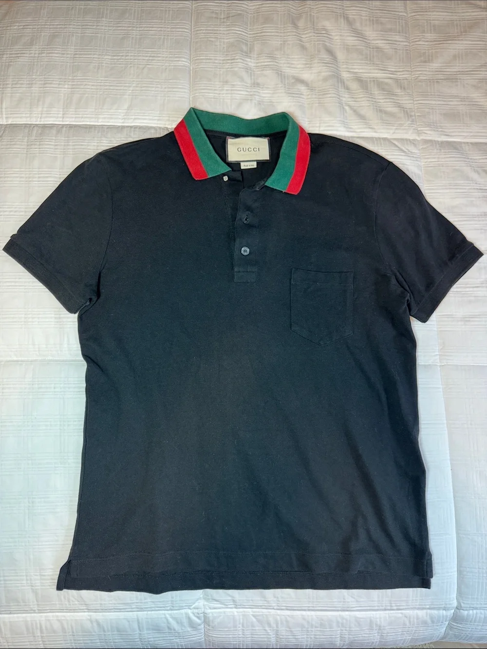 Gucci Black Polo with Green & Red Stripe Collar